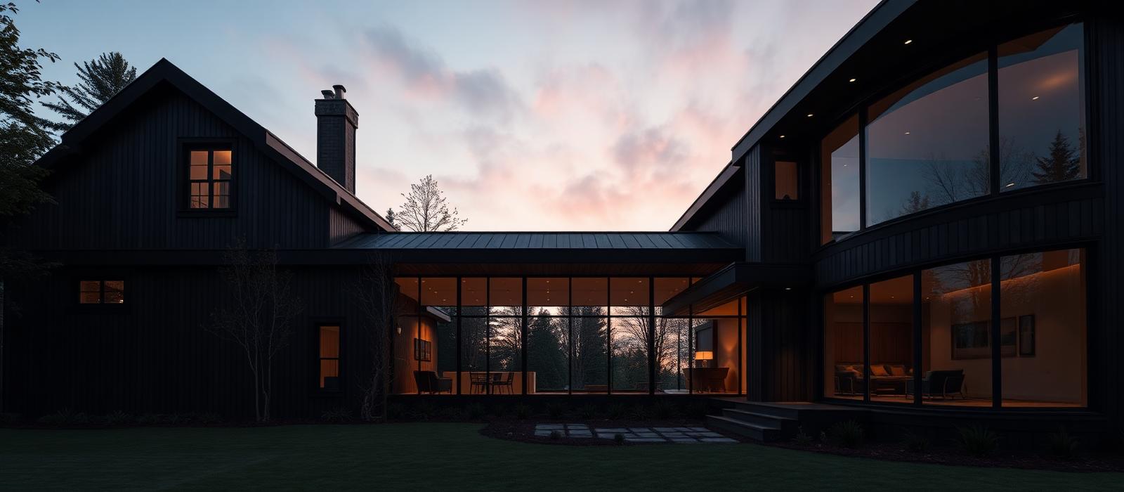 Luxury dark timber home at dusk