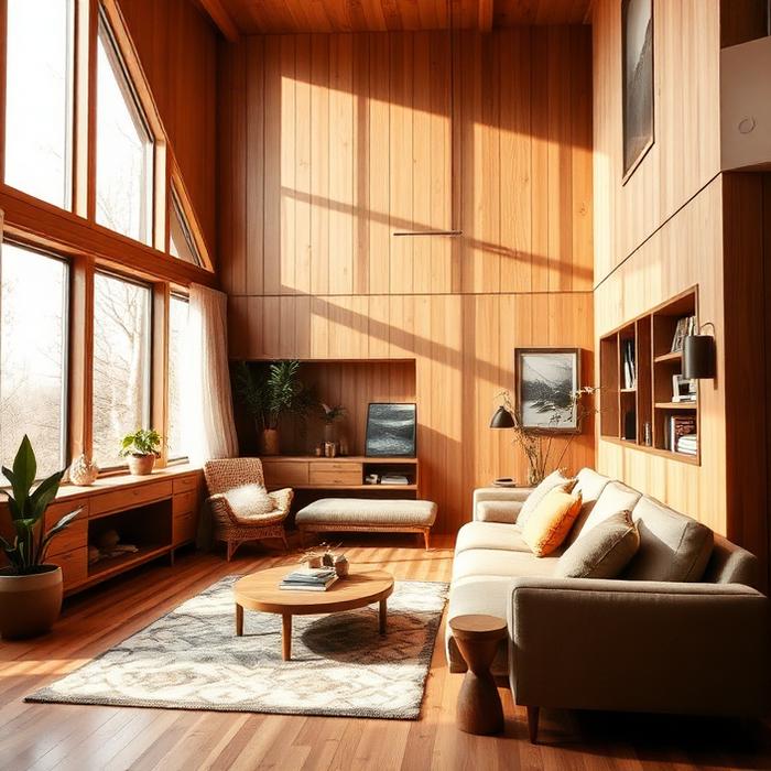 Warm wooden living room interior