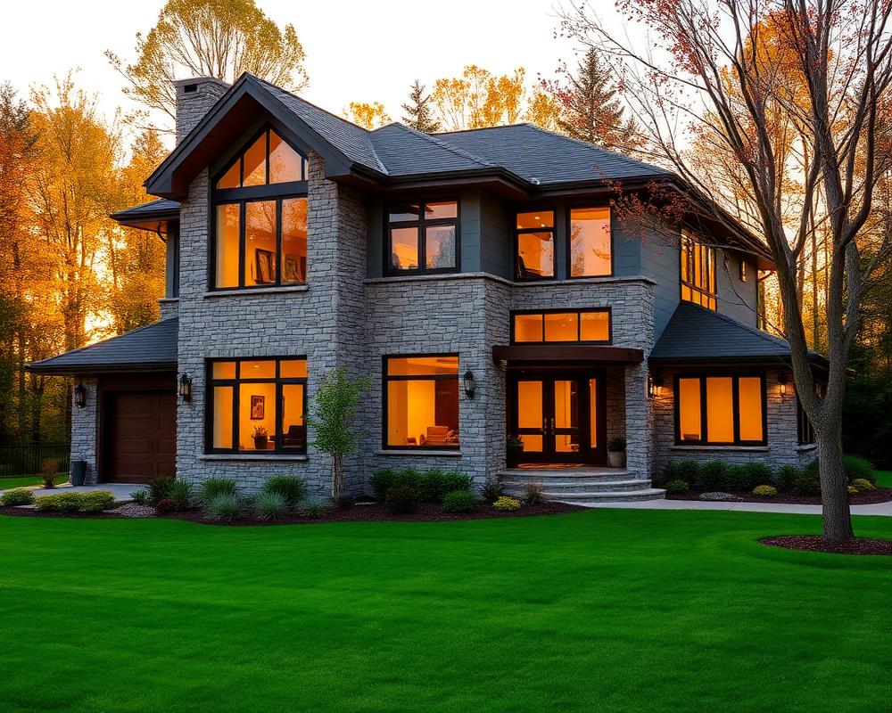 Stone and wood family home at golden hour