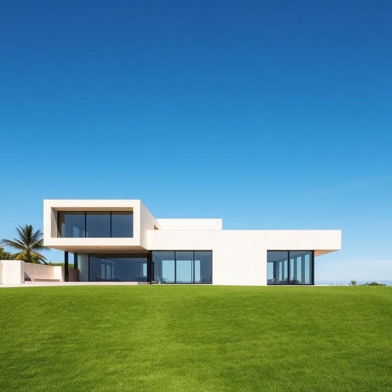 Minimalist modern villa on a green lawn